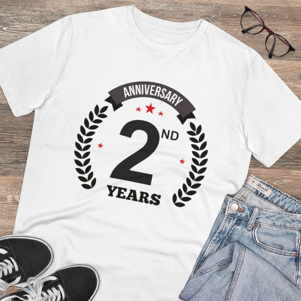 HamariDookan Men's PC Cotton 2nd Anniversary Printed T Shirt (Color: White, Thread Count: 180GSM)