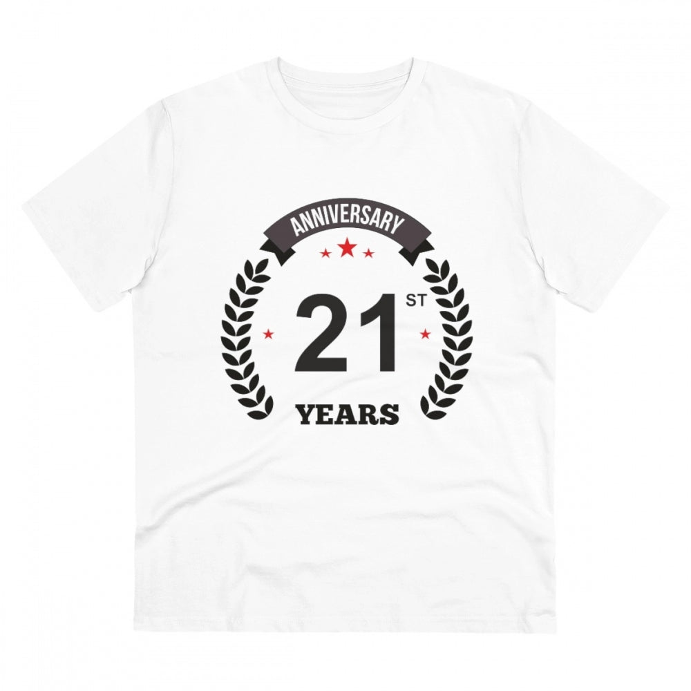 HamariDookan Men's PC Cotton 21st Anniversary Printed T Shirt (Color: White, Thread Count: 180GSM)