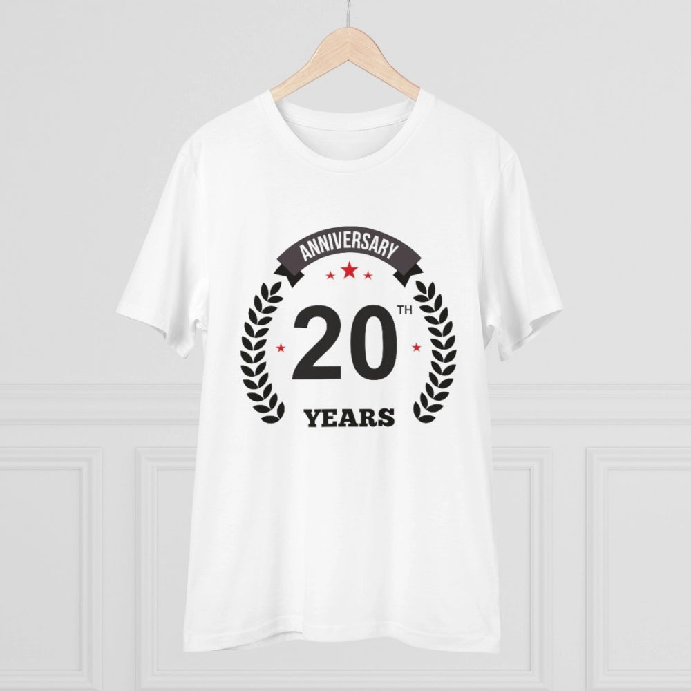 HamariDookan Men's PC Cotton 20th Anniversary Printed T Shirt (Color: White, Thread Count: 180GSM)