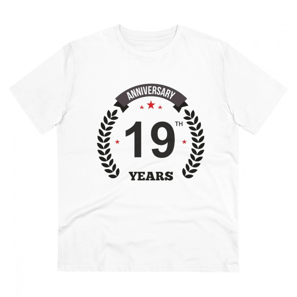 HamariDookan Men's PC Cotton 19th Anniversary Printed T Shirt (Color: White, Thread Count: 180GSM)