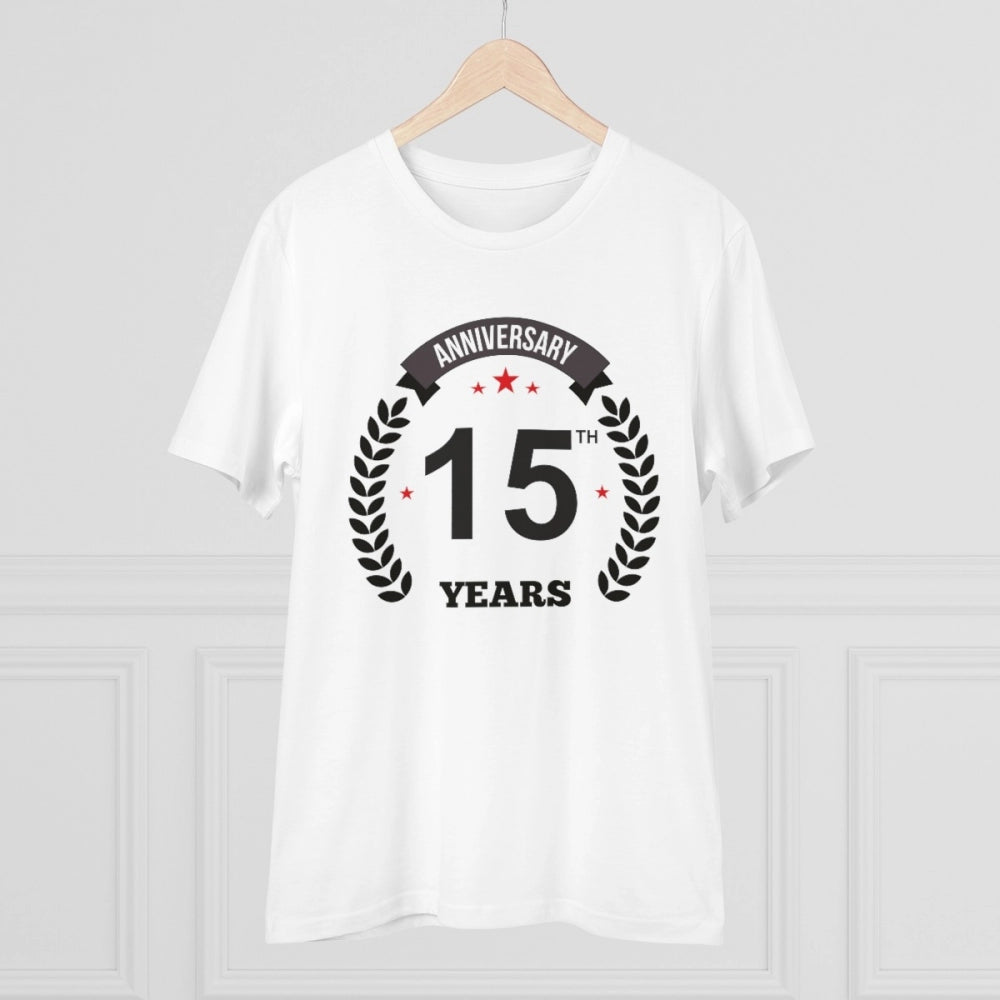 HamariDookan Men's PC Cotton 15th Anniversary Printed T Shirt (Color: White, Thread Count: 180GSM)