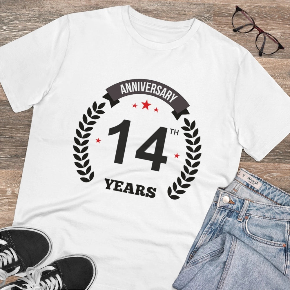 HamariDookan Men's PC Cotton 14th Anniversary Printed T Shirt (Color: White, Thread Count: 180GSM)