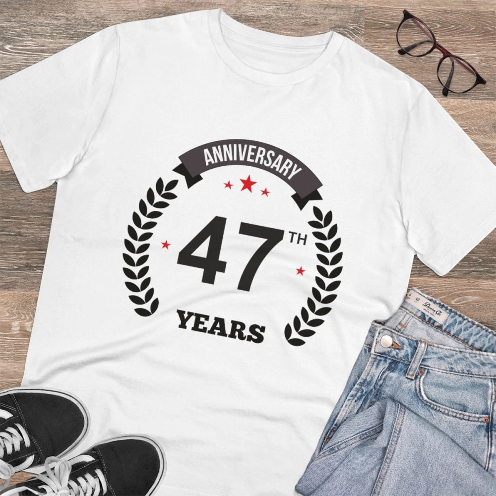 HamariDookan Men's PC Cotton 47th Anniversary Printed T Shirt (Color: White, Thread Count: 180GSM)