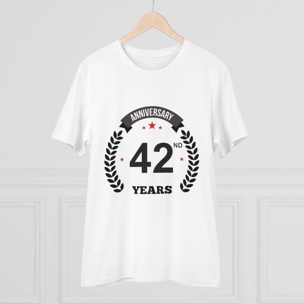 HamariDookan Men's PC Cotton 42nd Anniversary Printed T Shirt (Color: White, Thread Count: 180GSM)