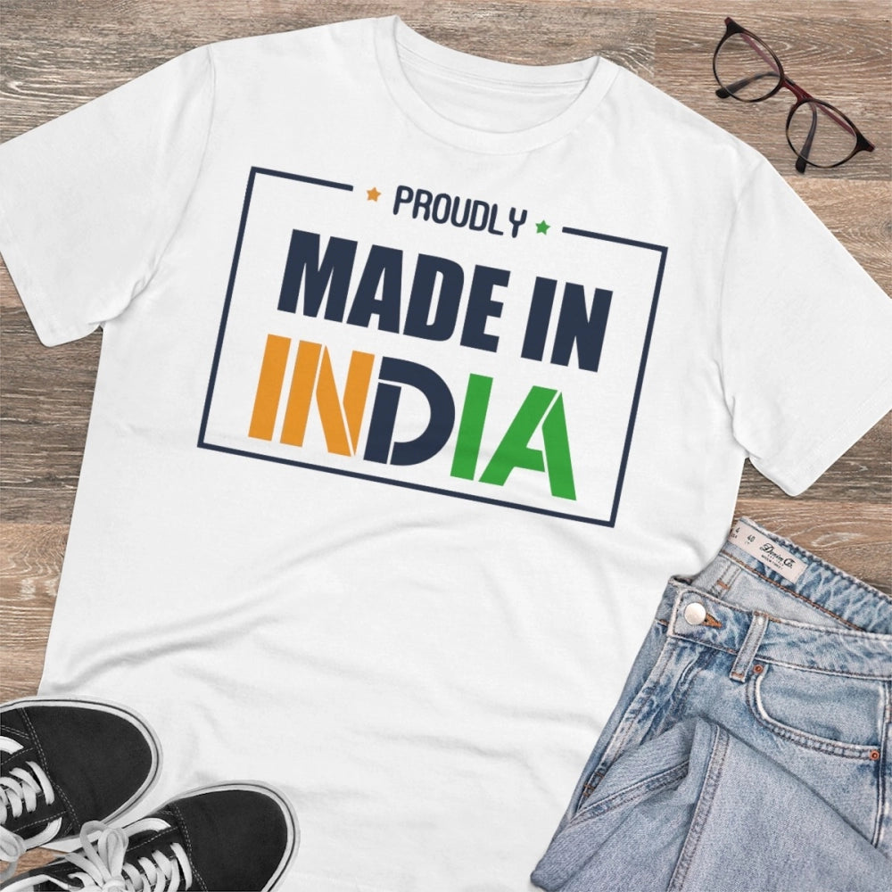 HamariDookan Men's PC Cotton Made In India Printed T Shirt (Color: White, Thread Count: 180GSM)