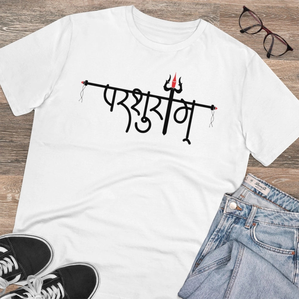 HamariDookan Men's PC Cotton Parsuram Printed T Shirt (Color: White, Thread Count: 180GSM)