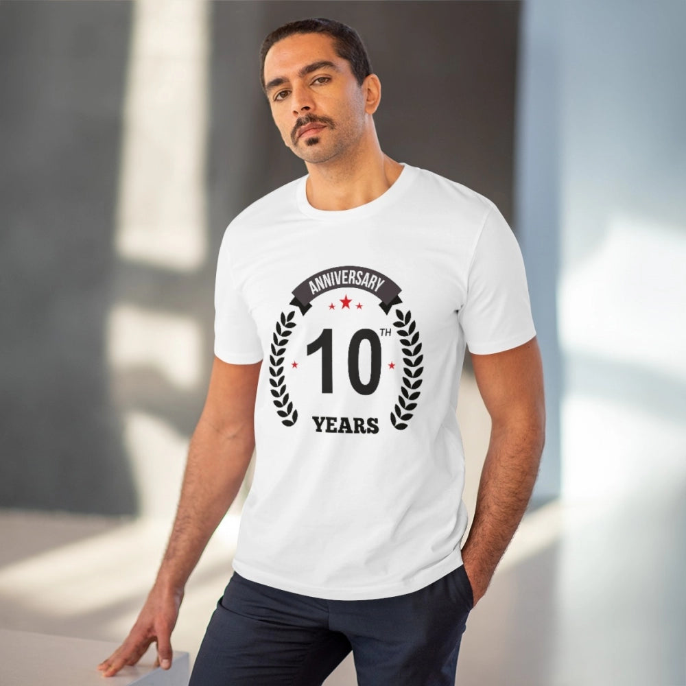 HamariDookan Men's PC Cotton 10th Anniversary Printed T Shirt (Color: White, Thread Count: 180GSM)