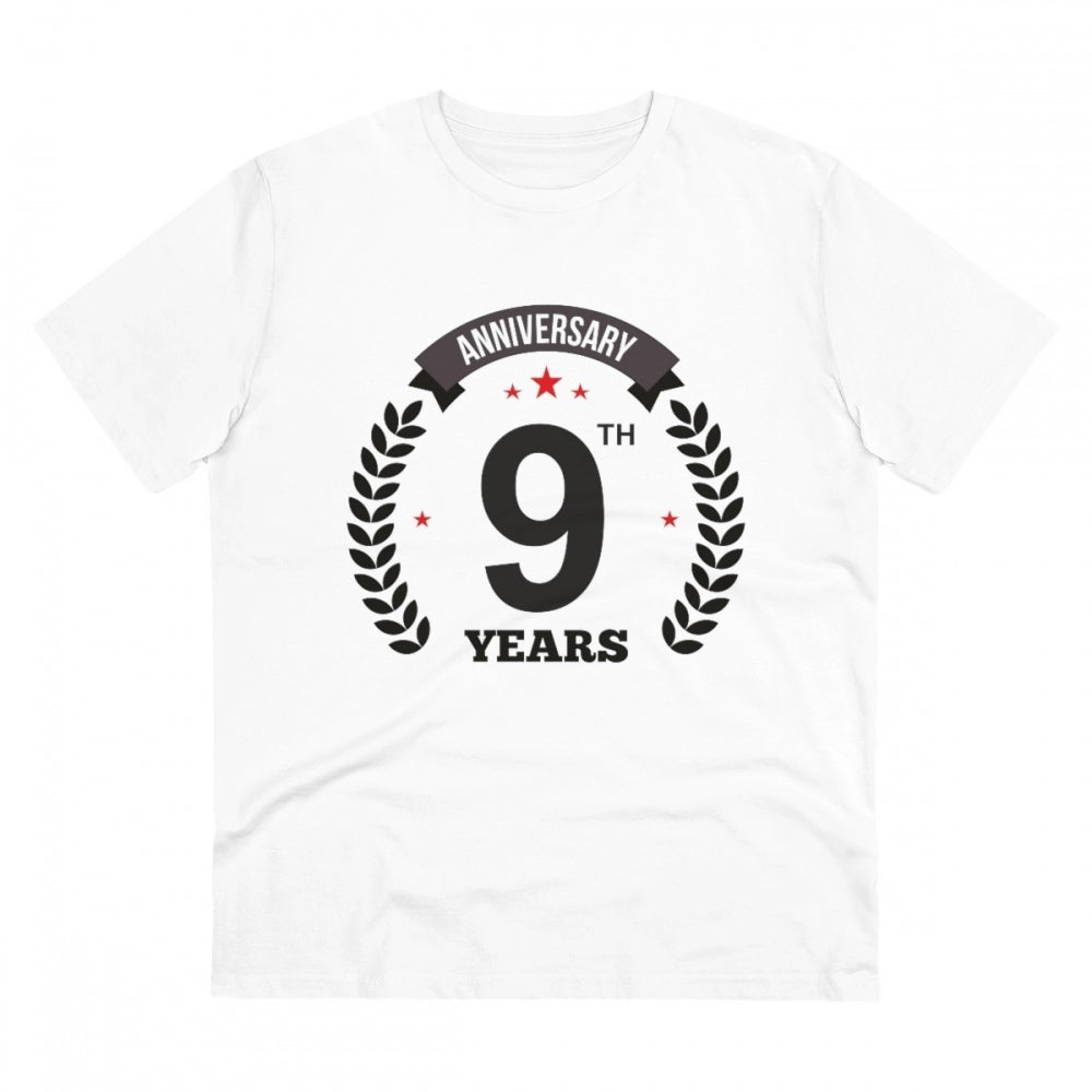 HamariDookan Men's PC Cotton 9th Anniversary Printed T Shirt (Color: White, Thread Count: 180GSM)