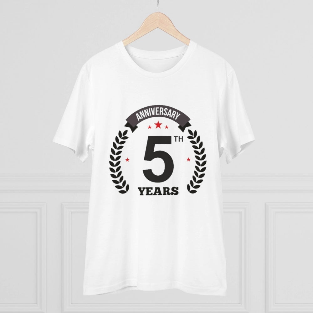 HamariDookan Men's PC Cotton 5th Anniversary Printed T Shirt (Color: White, Thread Count: 180GSM)