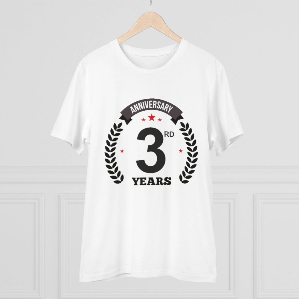 HamariDookan Men's PC Cotton 3rd Anniversary Printed T Shirt (Color: White, Thread Count: 180GSM)