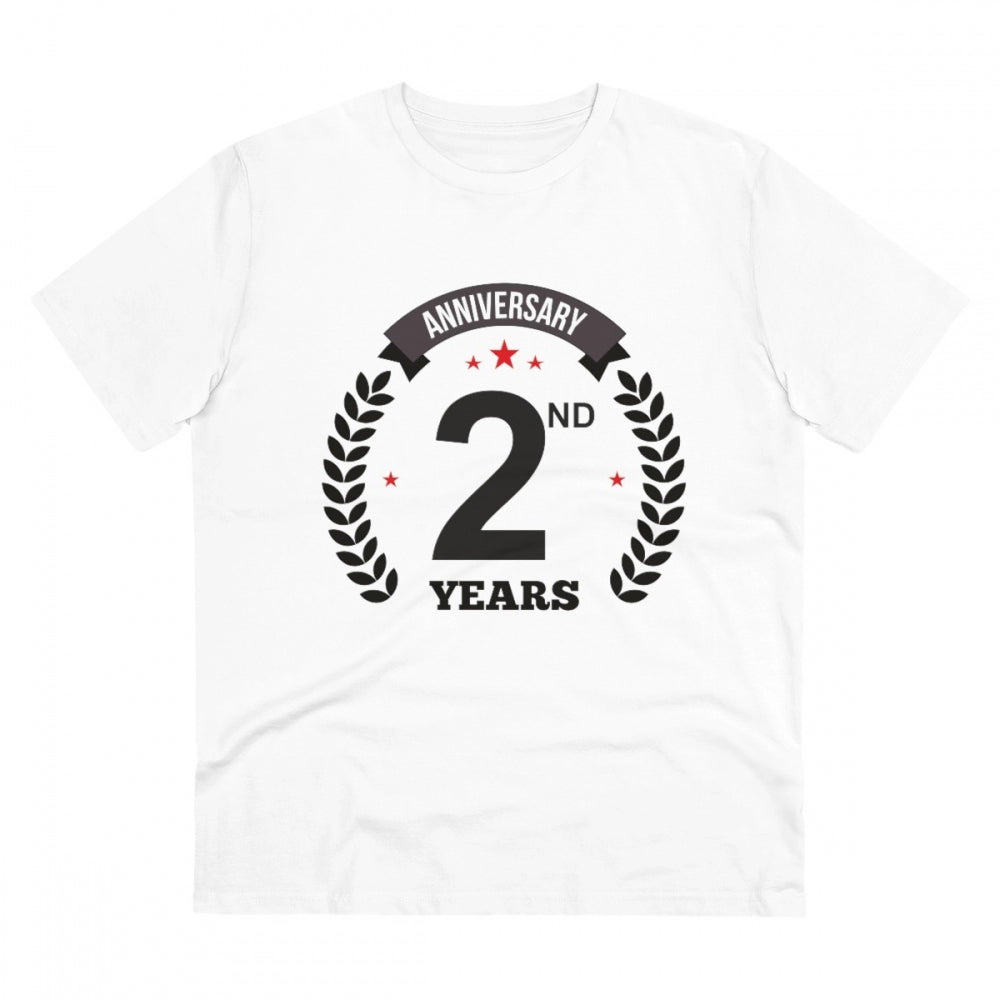 HamariDookan Men's PC Cotton 2nd Anniversary Printed T Shirt (Color: White, Thread Count: 180GSM)