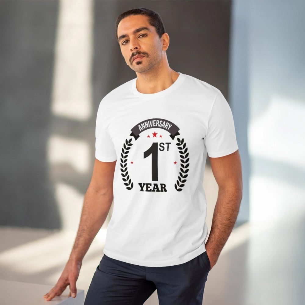 HamariDookan Men's PC Cotton 1st Anniversary Printed T Shirt (Color: White, Thread Count: 180GSM)