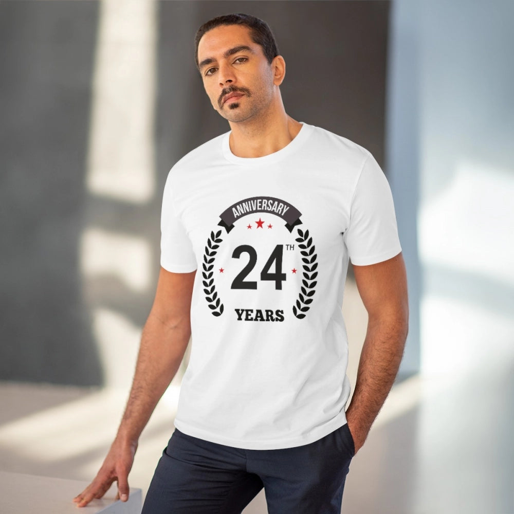 HamariDookan Men's PC Cotton 24th Anniversary Printed T Shirt (Color: White, Thread Count: 180GSM)