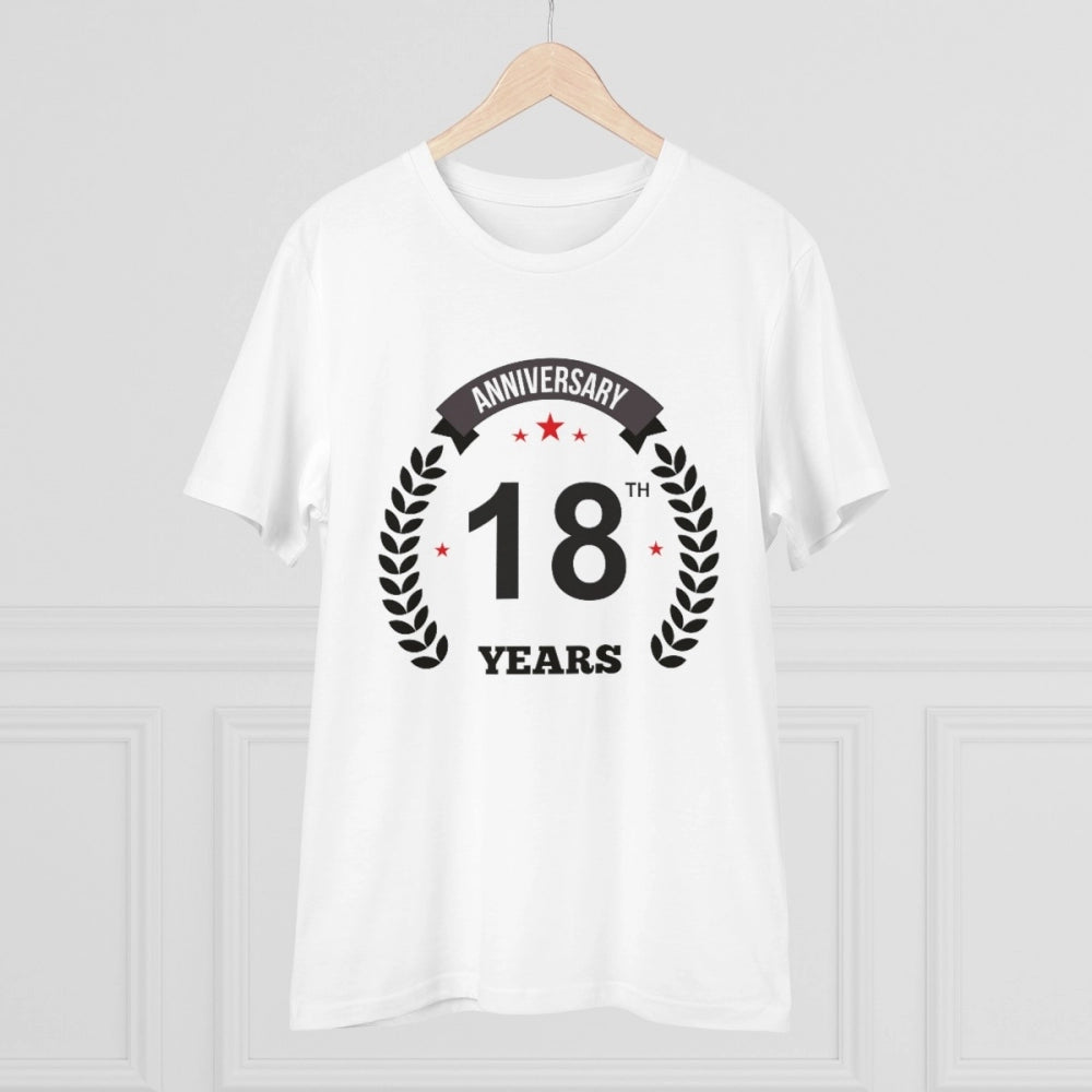 HamariDookan Men's PC Cotton 18th Anniversary Printed T Shirt (Color: White, Thread Count: 180GSM)