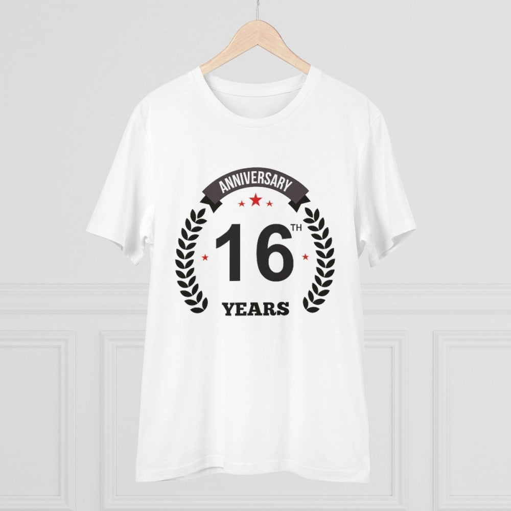 HamariDookan Men's PC Cotton 16th Anniversary Printed T Shirt (Color: White, Thread Count: 180GSM)
