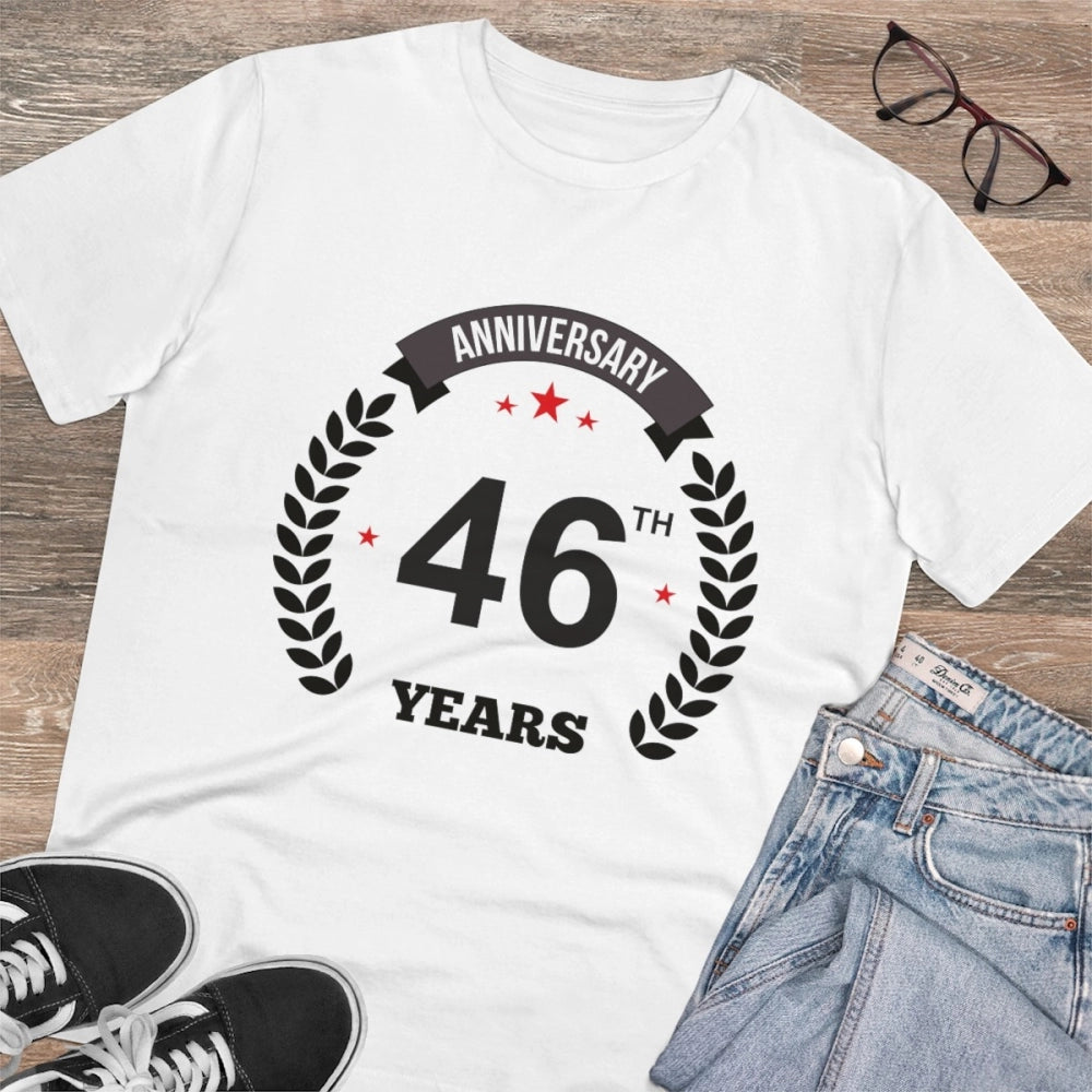 HamariDookan Men's PC Cotton 46th Anniversary Printed T Shirt (Color: White, Thread Count: 180GSM)