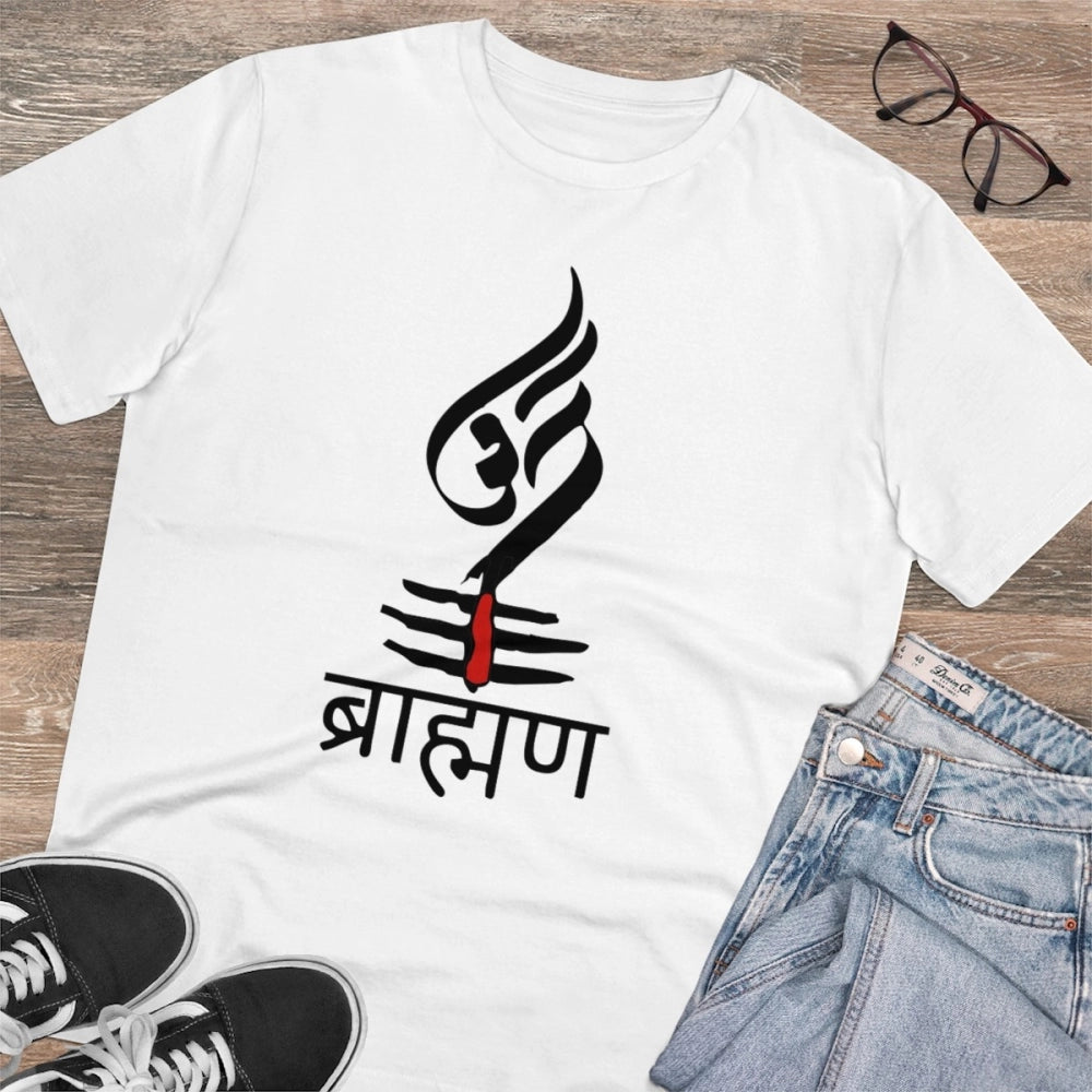 HamariDookan Men's PC Cotton Brahman Printed T Shirt (Color: White, Thread Count: 180GSM)