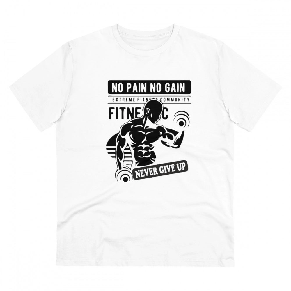 HamariDookan Men's PC Cotton Gym No Pain No Gain Never Give Up Printed T Shirt (Color: White, Thread Count: 180GSM)