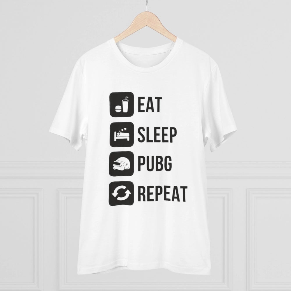 HamariDookan Men's PC Cotton Eat Sleep Pubg Repeat Printed T Shirt (Color: White, Thread Count: 180GSM)