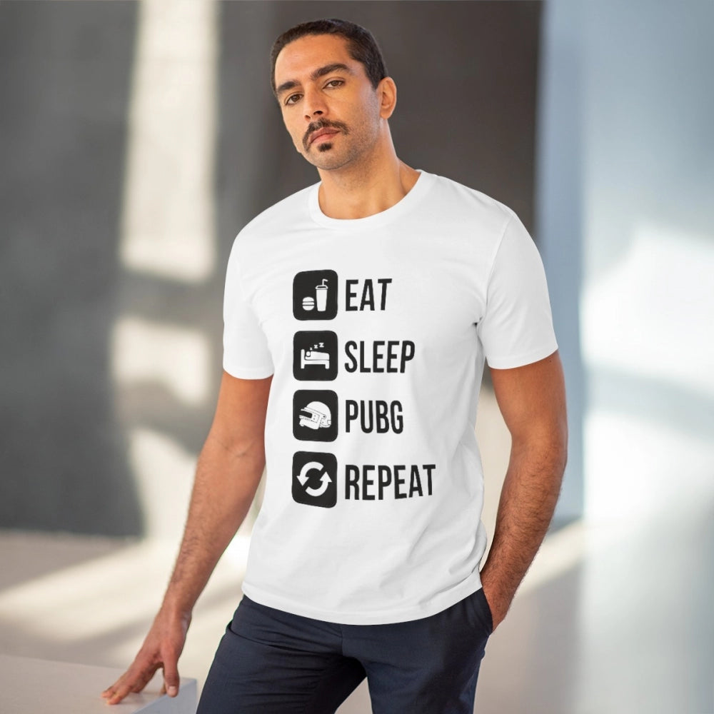 HamariDookan Men's PC Cotton Eat Sleep Pubg Repeat Printed T Shirt (Color: White, Thread Count: 180GSM)