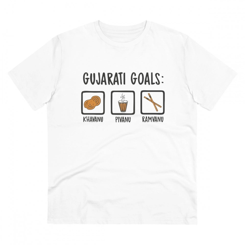 HamariDookan Men's PC Cotton Gujarati Goals Printed T Shirt (Color: White, Thread Count: 180GSM)