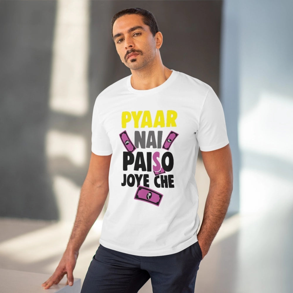 HamariDookan Men's PC Cotton Pyaar Nay Paisa Joy Che Printed T Shirt (Color: White, Thread Count: 180GSM)
