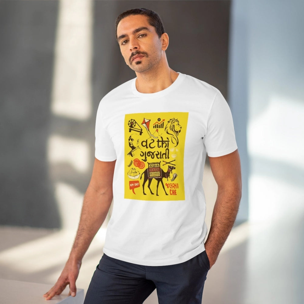 HamariDookan Men's PC Cotton Vat Thi Gujarati Printed T Shirt (Color: White, Thread Count: 180GSM)