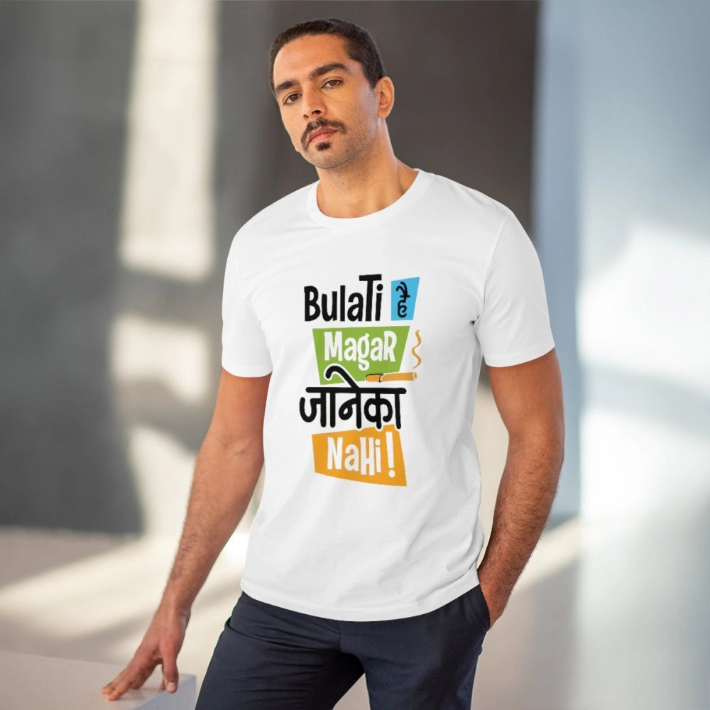 HamariDookan Men's PC Cotton Bulati Hai Magar Jane Ka Nahi Printed T Shirt (Color: White, Thread Count: 180GSM)
