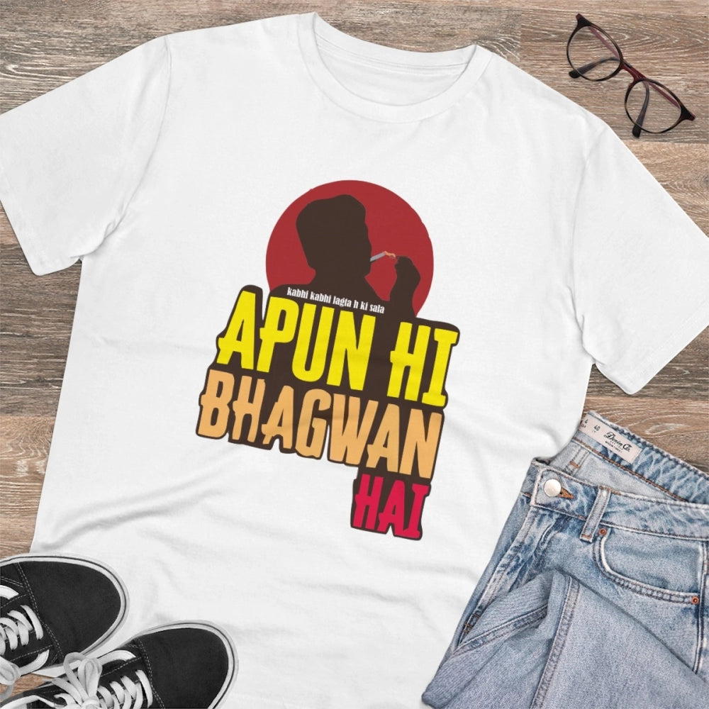 HamariDookan Men's PC Cotton Apun Hi Bhagvan Hai Printed T Shirt (Color: White, Thread Count: 180GSM)