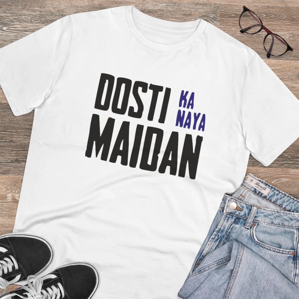 HamariDookan Men's PC Cotton Dosti Ka Naya Maidan Printed T Shirt (Color: White, Thread Count: 180GSM)