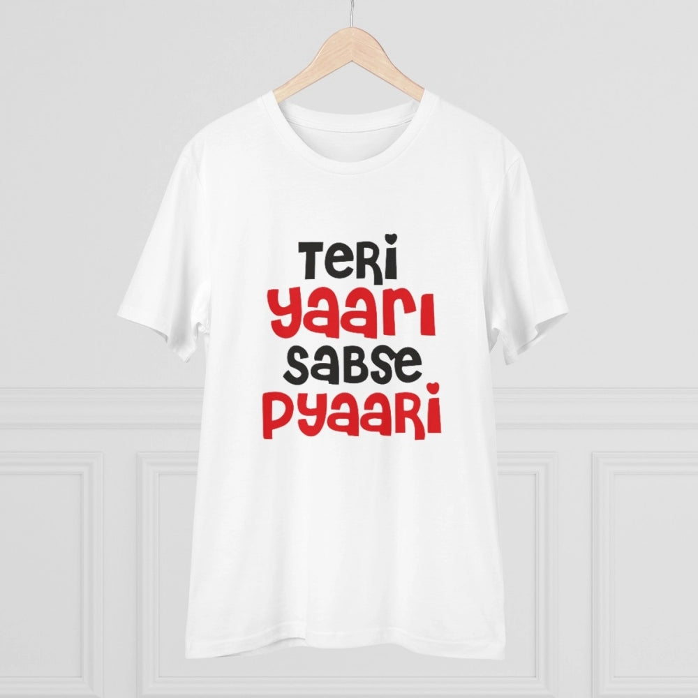 HamariDookan Men's PC Cotton Teri Yaari Sabse Pyaari Printed T Shirt (Color: White, Thread Count: 180GSM)