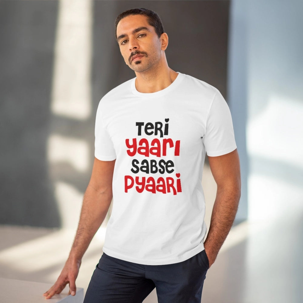 HamariDookan Men's PC Cotton Teri Yaari Sabse Pyaari Printed T Shirt (Color: White, Thread Count: 180GSM)