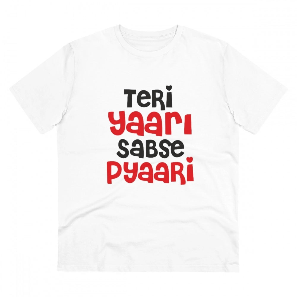 HamariDookan Men's PC Cotton Teri Yaari Sabse Pyaari Printed T Shirt (Color: White, Thread Count: 180GSM)