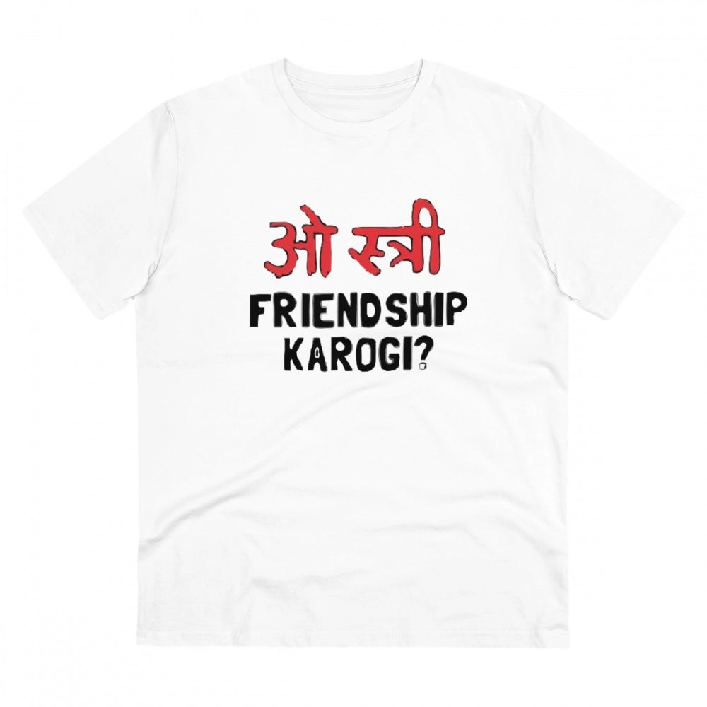 HamariDookan Men's PC Cotton Oo Shtree Friendship Karogi Kya Printed T Shirt (Color: White, Thread Count: 180GSM)