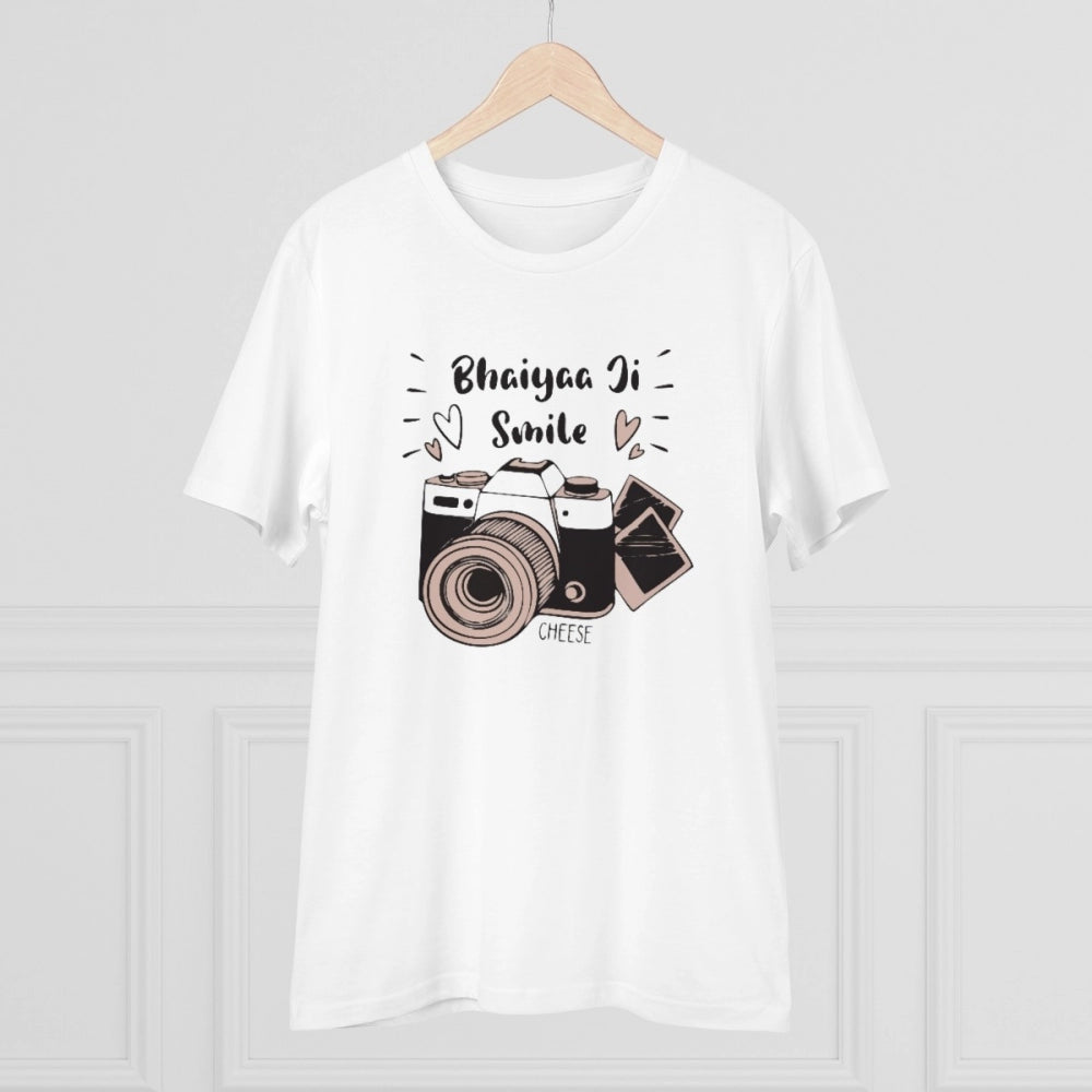 HamariDookan Men's PC Cotton Bhaiya Ji Smile Printed T Shirt (Color: White, Thread Count: 180GSM)