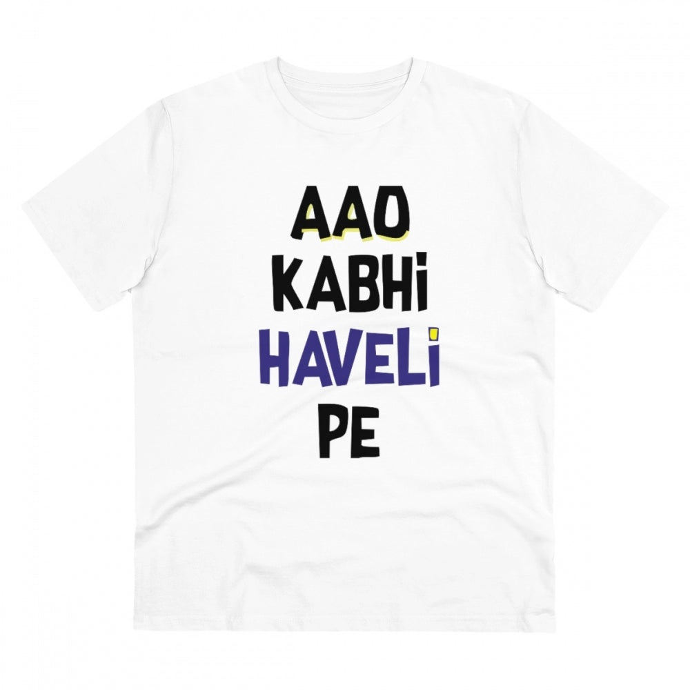 HamariDookan Men's PC Cotton Aao Kabhi Haveli Pe Printed T Shirt (Color: White, Thread Count: 180GSM)