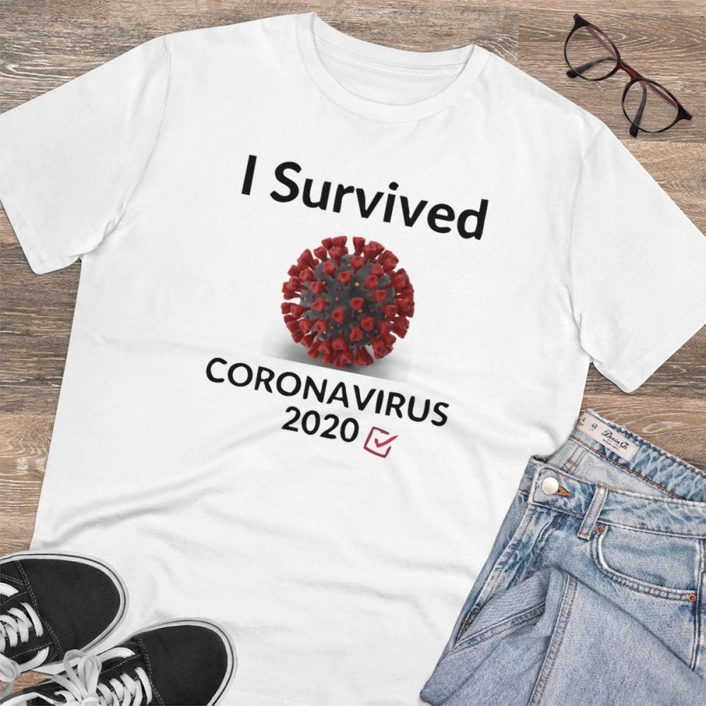 HamariDookan Men's PC Cotton I Survived Corornavirus 2020 Printed T Shirt (Color: White, Thread Count: 180GSM)