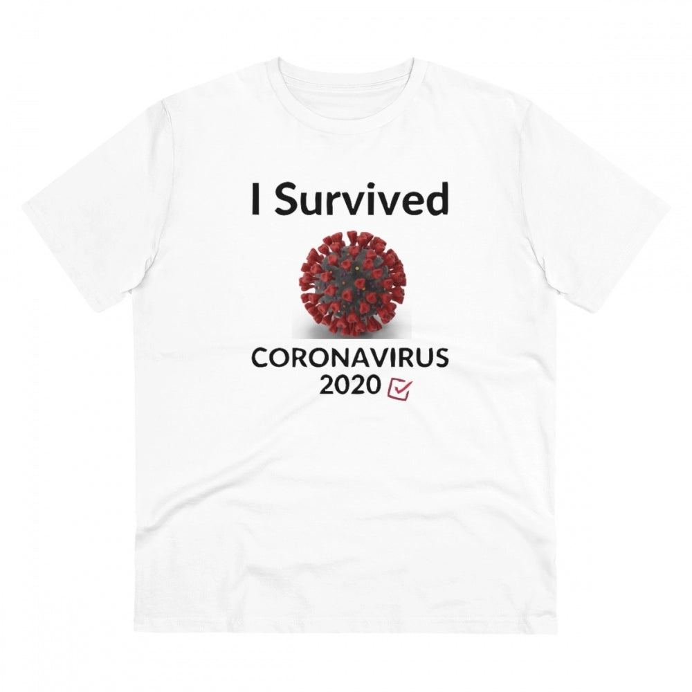 HamariDookan Men's PC Cotton I Survived Corornavirus 2020 Printed T Shirt (Color: White, Thread Count: 180GSM)