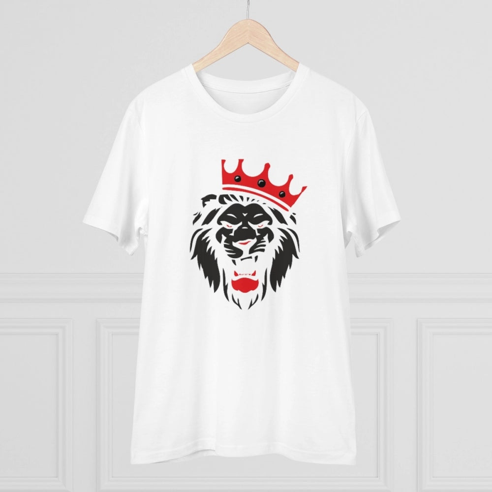 HamariDookan Men's PC Cotton Lion Logo Printed T Shirt (Color: White, Thread Count: 180GSM)