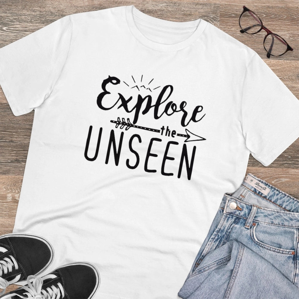 HamariDookan Men's PC Cotton Explore The Unseen Printed T Shirt (Color: White, Thread Count: 180GSM)