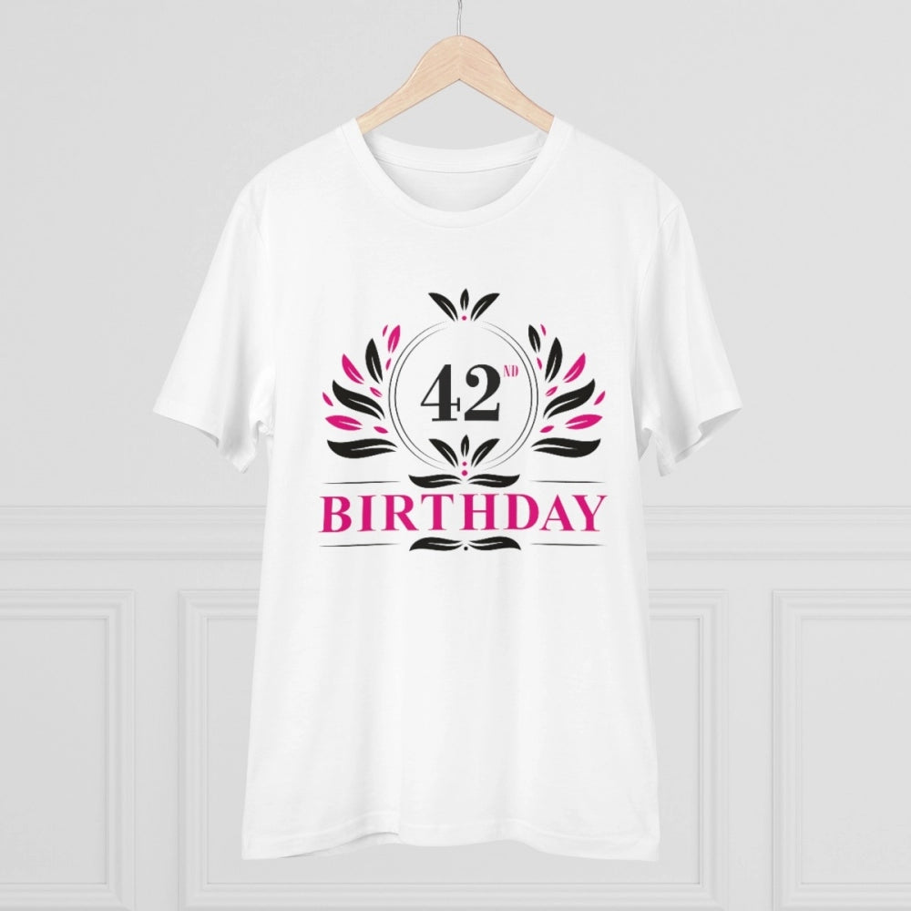 HamariDookan Men's PC Cotton 42nd Birthday Printed T Shirt (Color: White, Thread Count: 180GSM)