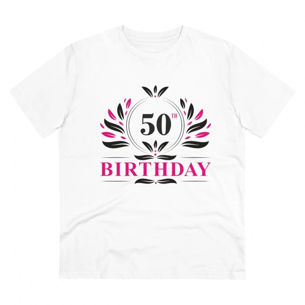 HamariDookan Men's PC Cotton 50th Birthday Printed T Shirt (Color: White, Thread Count: 180GSM)
