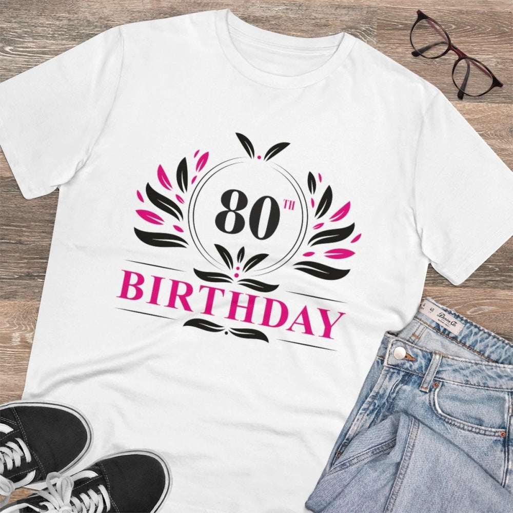 HamariDookan Men's PC Cotton 80th Birthday Printed T Shirt (Color: White, Thread Count: 180GSM)