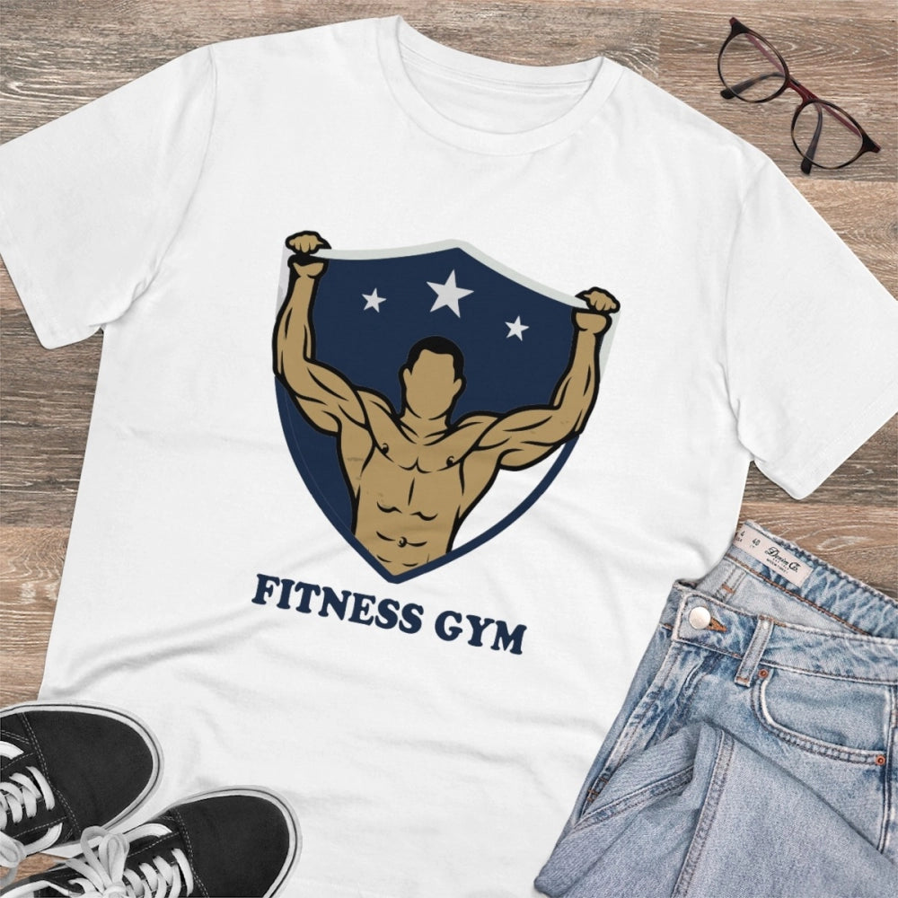 HamariDookan Men's PC Cotton Fittnes Gym Printed T Shirt (Color: White, Thread Count: 180GSM)