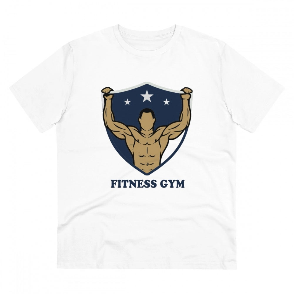 HamariDookan Men's PC Cotton Fittnes Gym Printed T Shirt (Color: White, Thread Count: 180GSM)