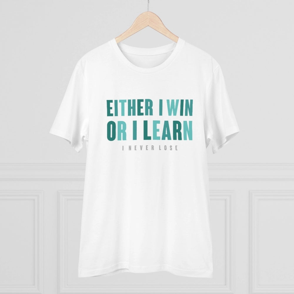 HamariDookan Men's PC Cotton Either I Win Or I Learn Printed T Shirt (Color: White, Thread Count: 180GSM)