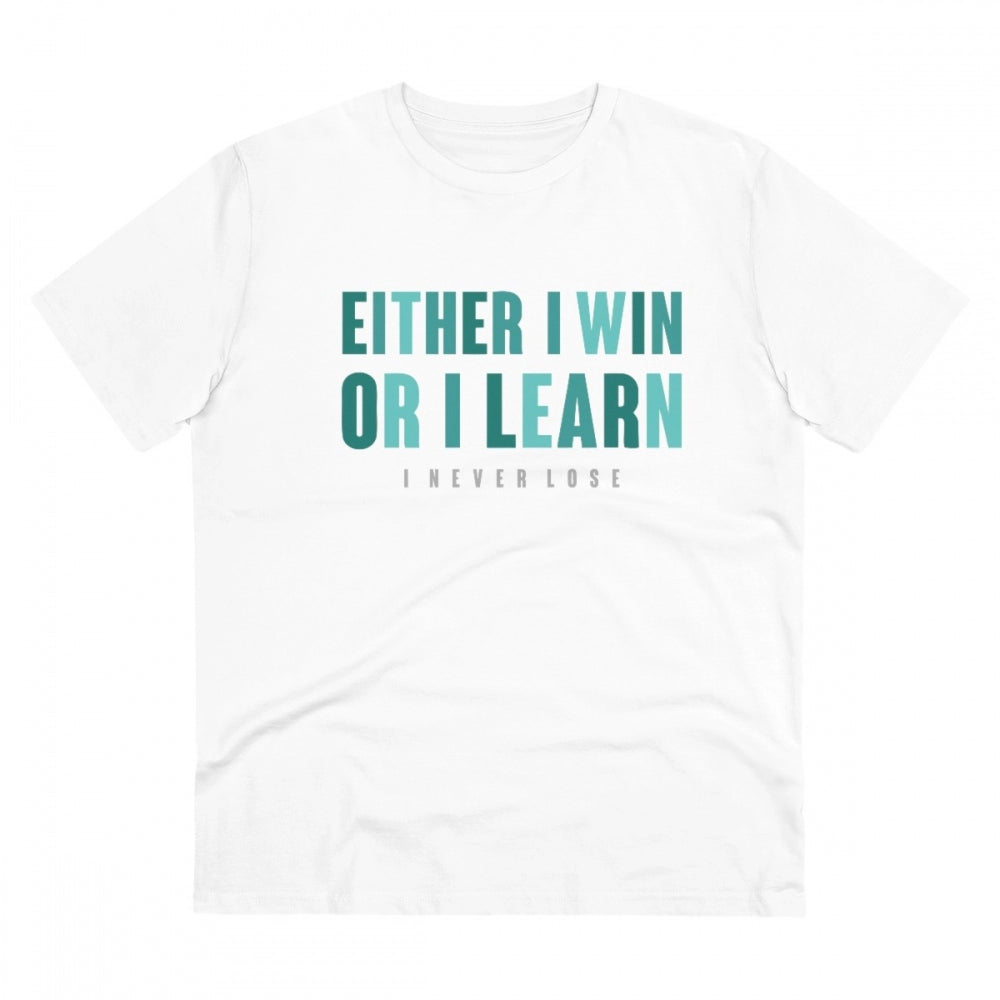 HamariDookan Men's PC Cotton Either I Win Or I Learn Printed T Shirt (Color: White, Thread Count: 180GSM)