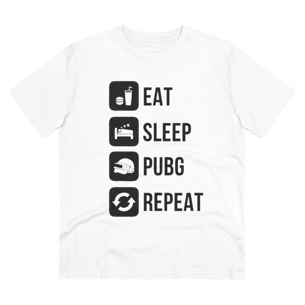 HamariDookan Men's PC Cotton Eat Sleep Pubg Repeat Printed T Shirt (Color: White, Thread Count: 180GSM)