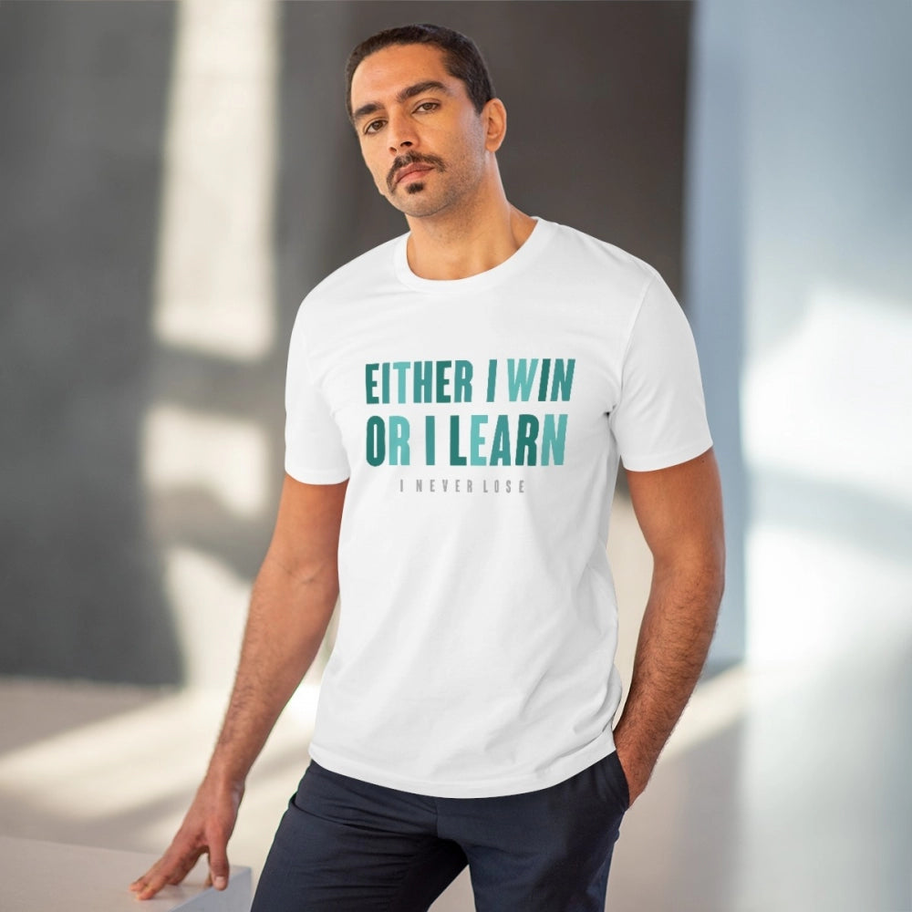 HamariDookan Men's PC Cotton Either I Win Or I Learn Printed T Shirt (Color: White, Thread Count: 180GSM)