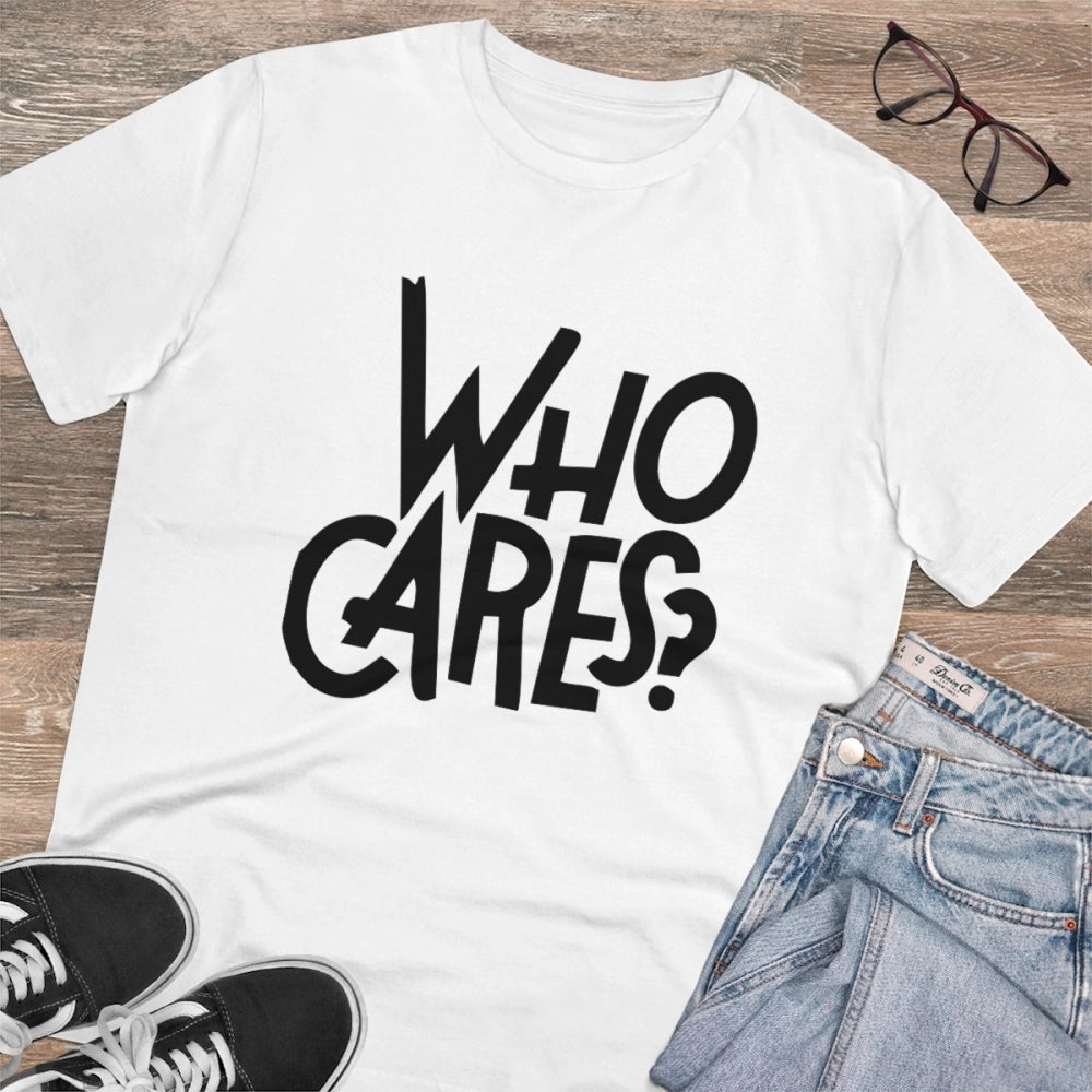 HamariDookan Men's PC Cotton Who Cares Printed T Shirt (Color: White, Thread Count: 180GSM)